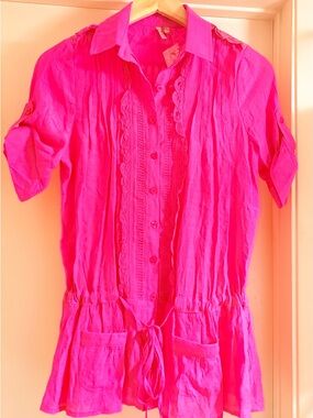 NWOT Women's Hot Pink Button-Front Drawstring Tunic